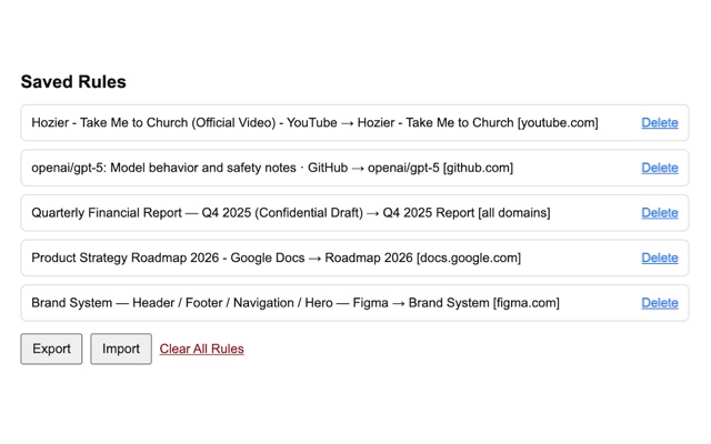 Simple Tab Renamer — rules manager